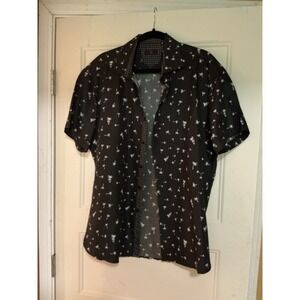 BC Collection Mens XL Black Palm Tree Print Short Sleeve Button Down Camp Shirt